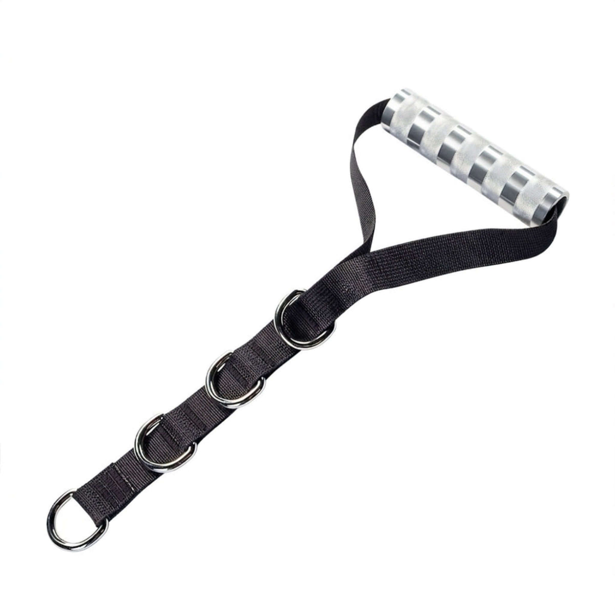 Gymless adjustable cable stirrup handle with a textured aluminium grip and a black nylon strap with steel rings.