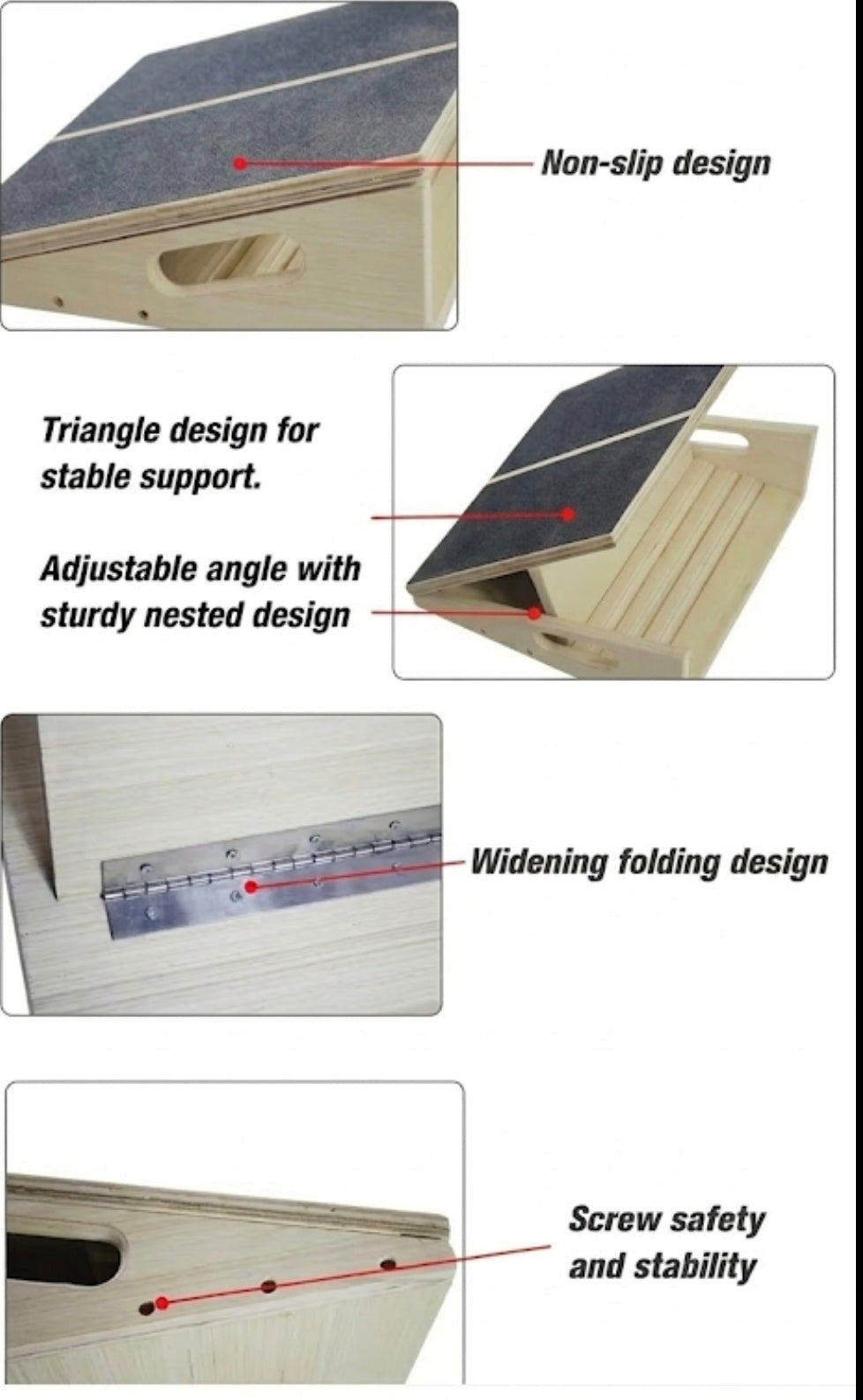 Gymless adjustable wooden slant board with non-slip surface, foldable design, and carry handle for calf stretching.