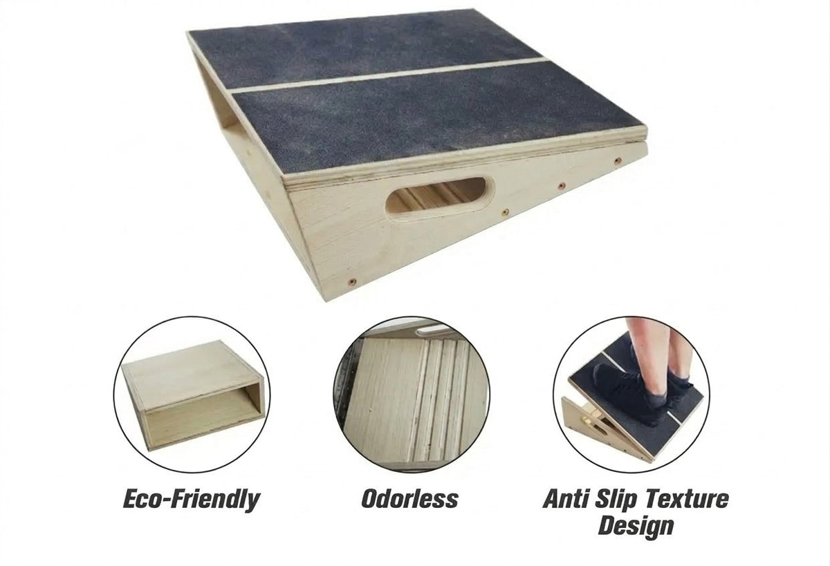 Gymless adjustable wooden slant board with non-slip surface for calf stretching, ankle mobility, and physiotherapy.