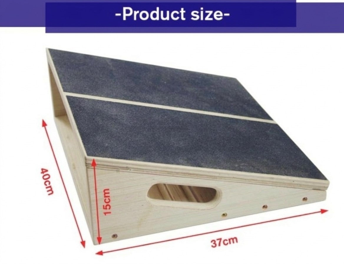 Gymless adjustable wooden slant board with anti-slip surface and carry handle, showing dimensions for calf stretching.