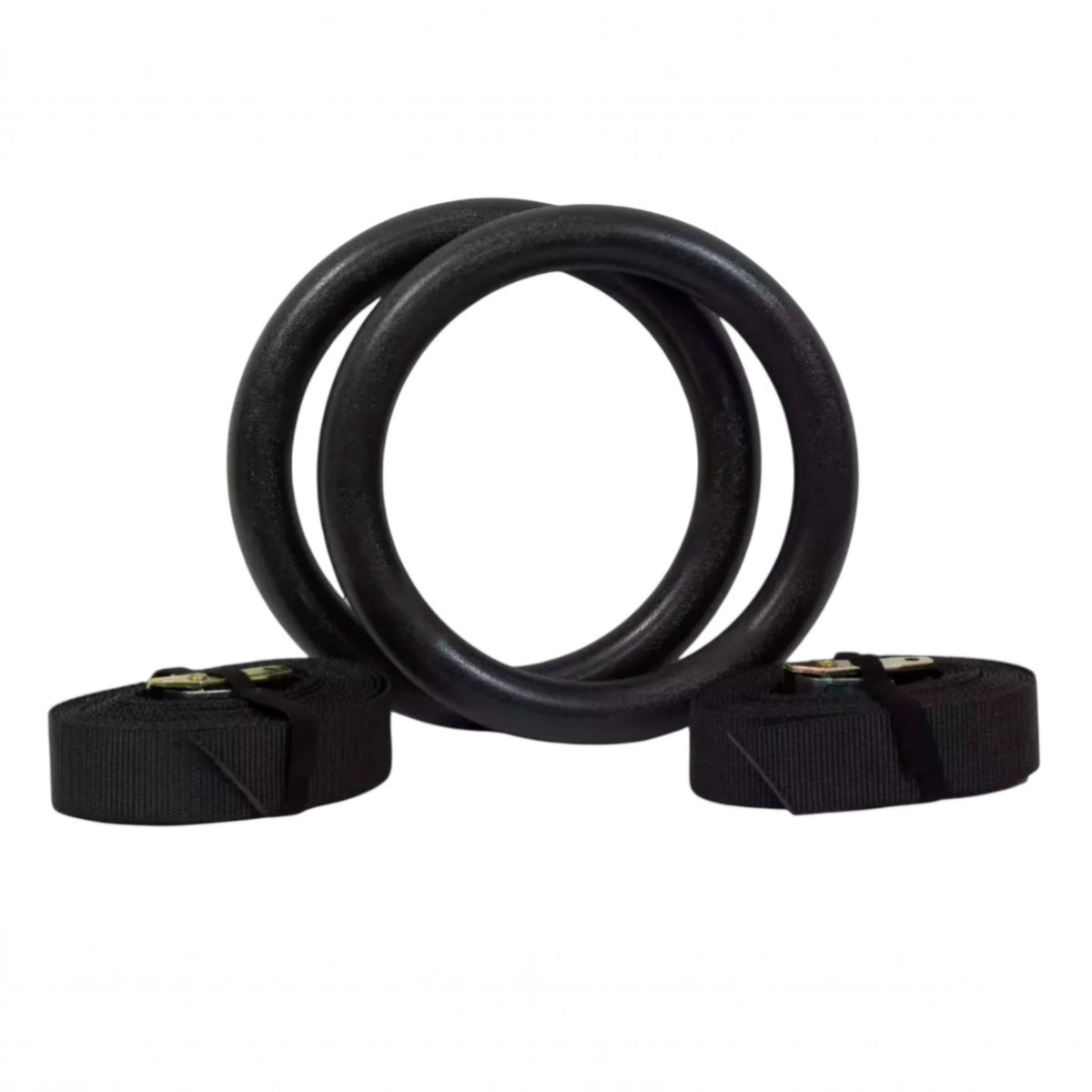 Gymless black ABS gym rings with adjustable straps for functional training, pull-ups, and gymnastics exercises.