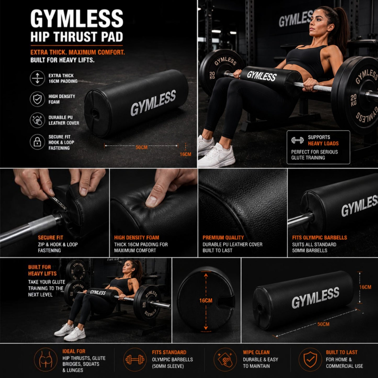 Gymless black high-density foam hip thrust pad with secure hook-and-loop fastening for Olympic barbells