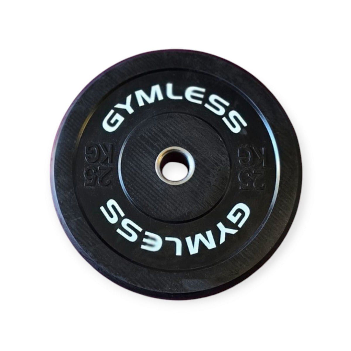 Gymless 25kg black rubber Olympic bumper plate with reinforced steel centre sleeve for weightlifting