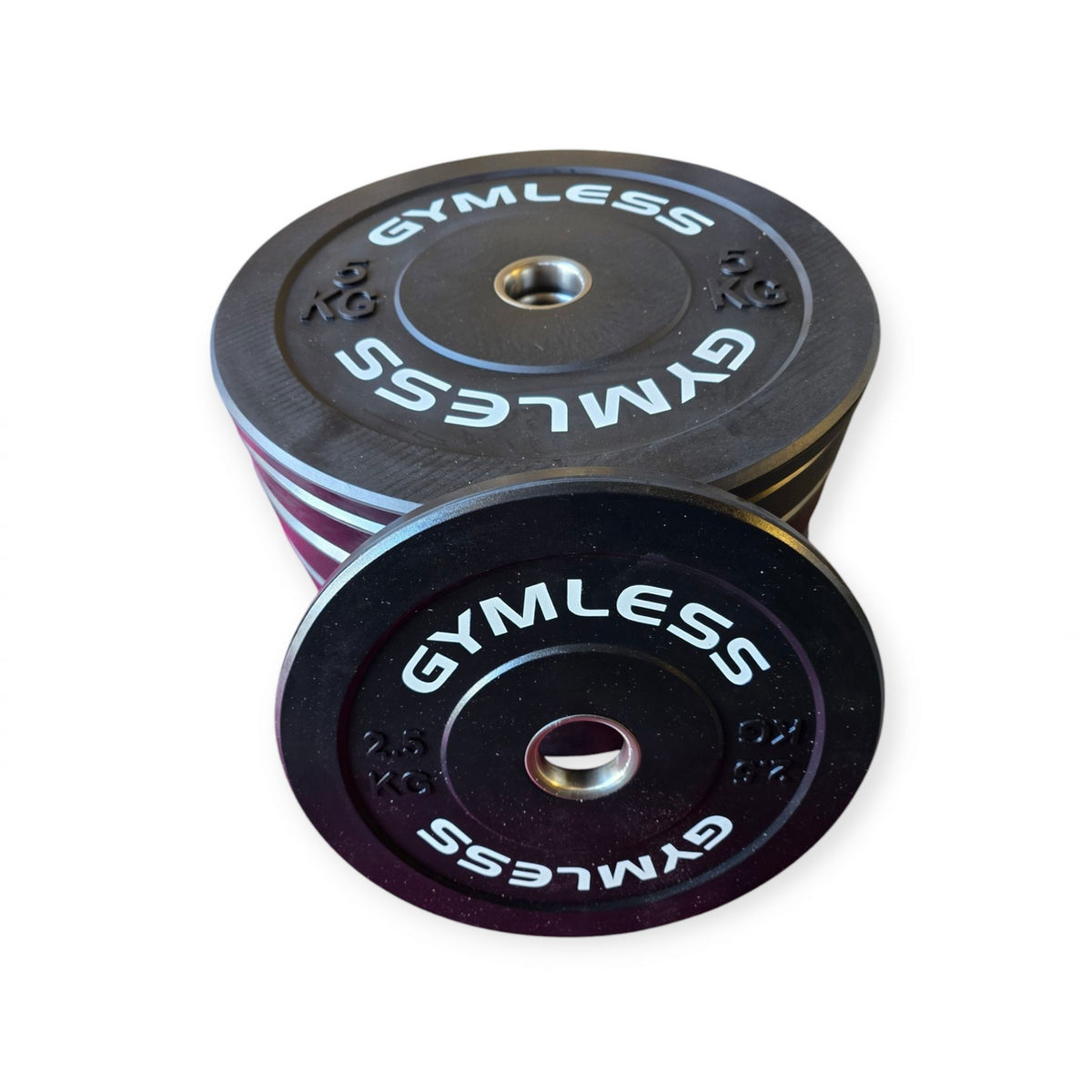 Gymless black rubber Olympic bumper plates with reinforced steel centre sleeves for weightlifting and gym training