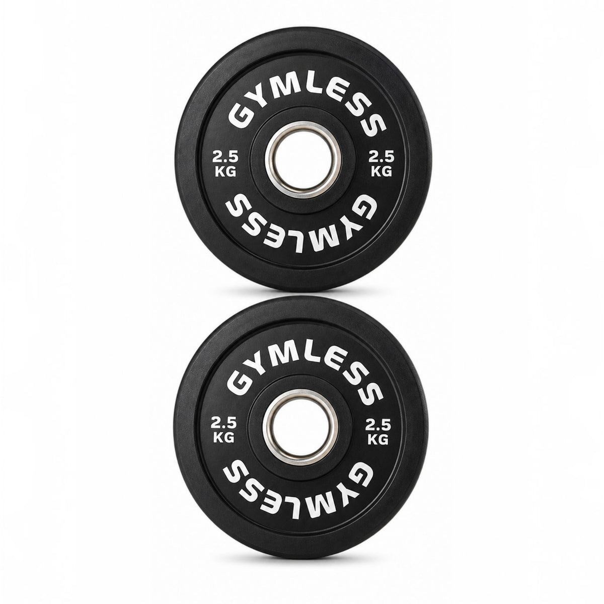 Two Gymless 2.5kg black rubber Olympic bumper plates with reinforced steel centre sleeves for weightlifting.