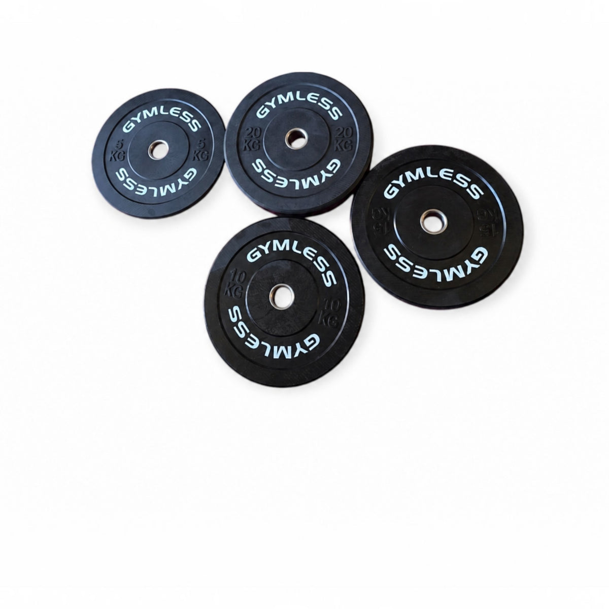 Gymless black rubber Olympic bumper plates with white branding and reinforced steel centre sleeves