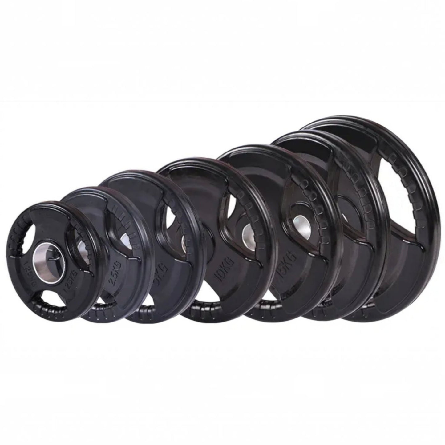 Gymless black rubber-coated Olympic weight plates with tri-grip handles in various sizes from 1.25kg to 25kg