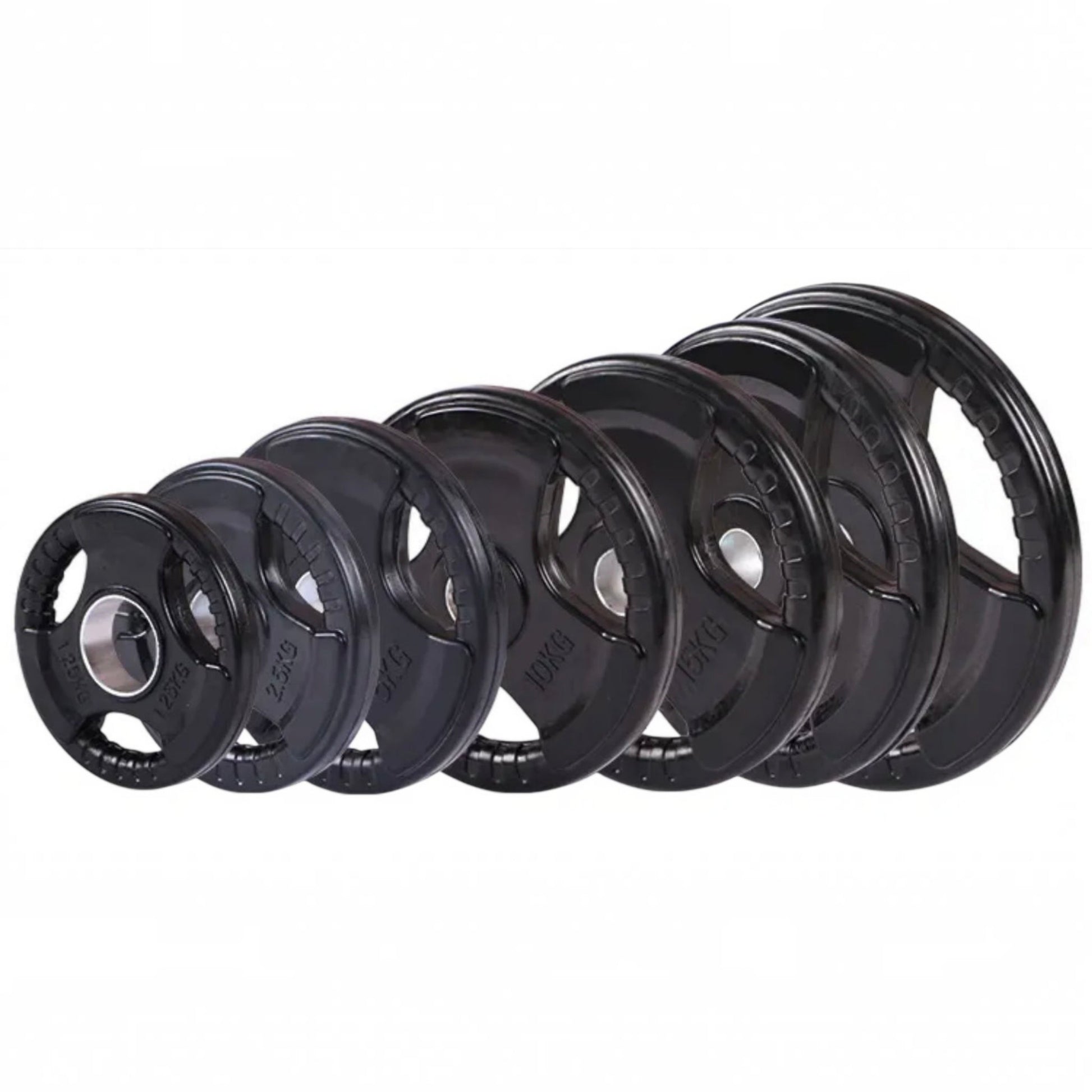 Gymless black rubber-coated Olympic weight plates with tri-grip handles in various sizes from 1.25kg to 25kg