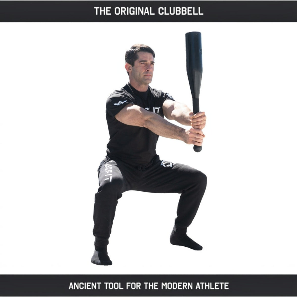 Man performing a squat exercise with Indian clubs for strength training and conditioning.