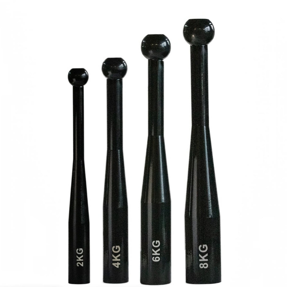 Indian clubs in various weights of 2kg, 4kg, 6kg, and 8kg designed for functional strength and grip training.