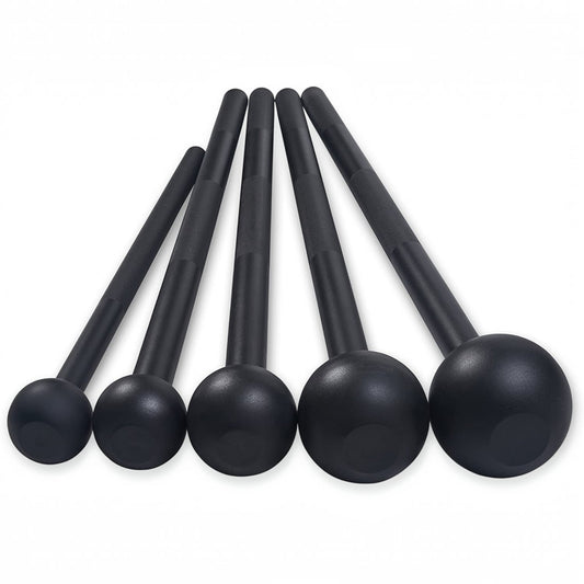 Gymless black steel macebells in various weights arranged in a row for functional strength and core training.