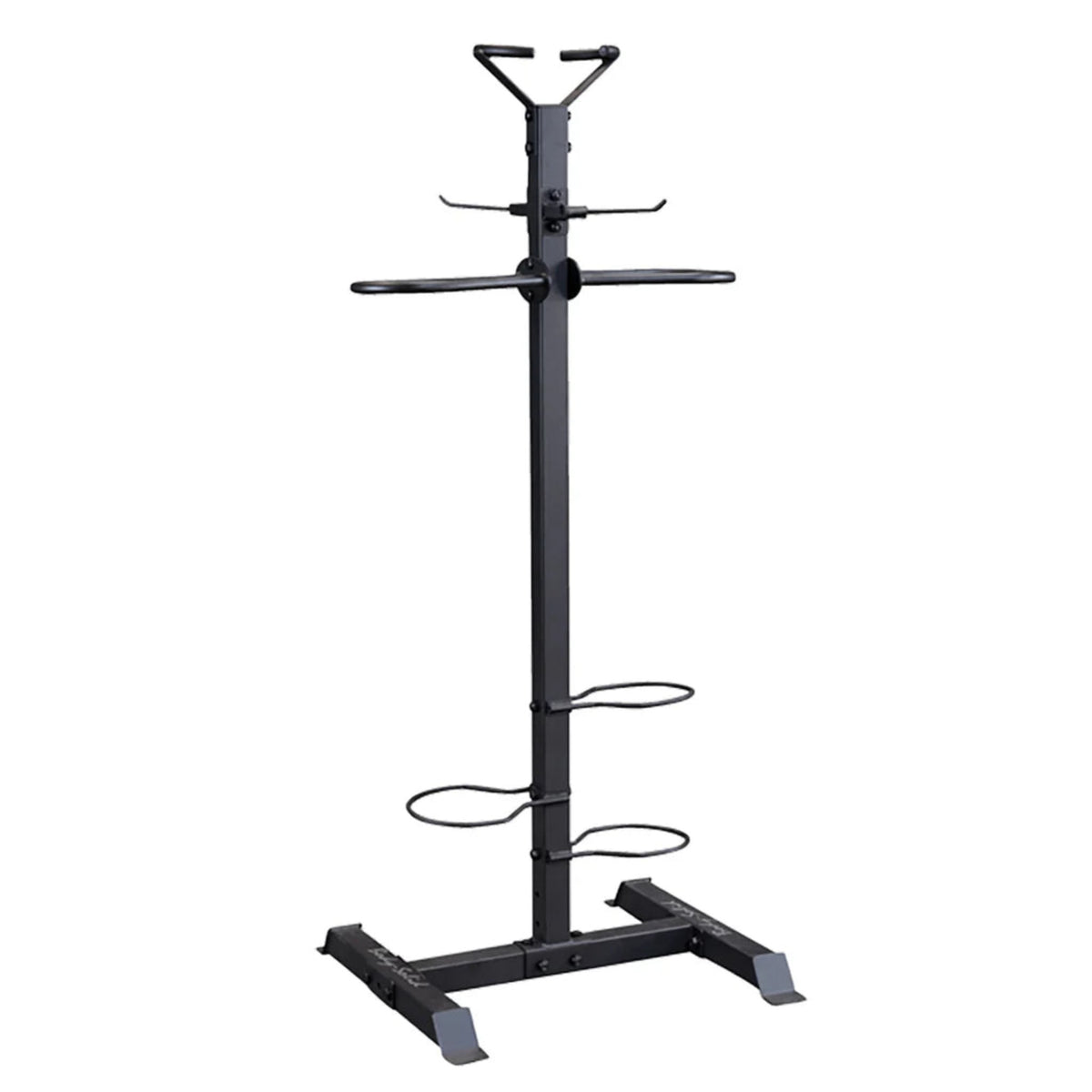 Gymless Body-Solid Compact Accessory Tower with black steel frame for storing gym balls, bands, and yoga mats.