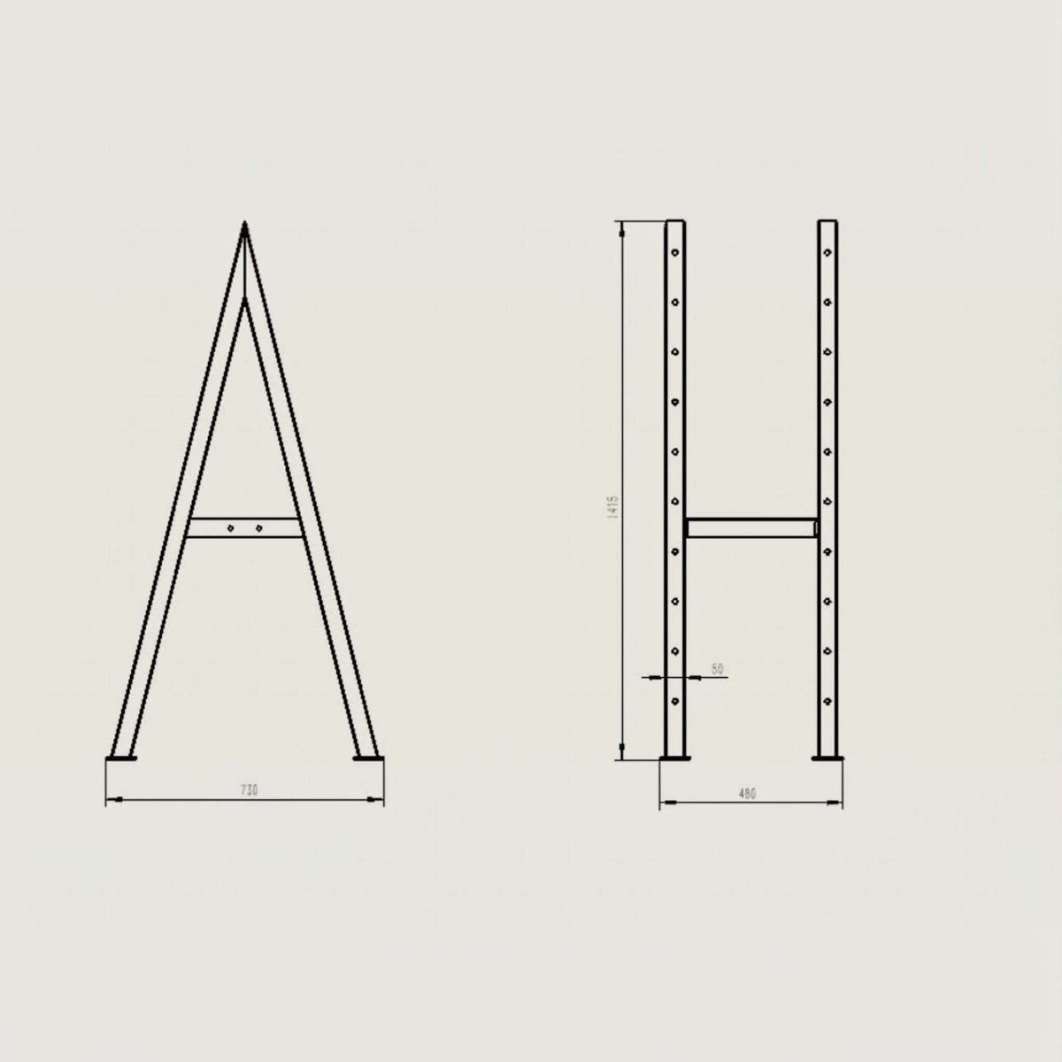 Gymless heavy-duty A-frame cable attachment storage rack technical drawing showing dimensions and steel construction