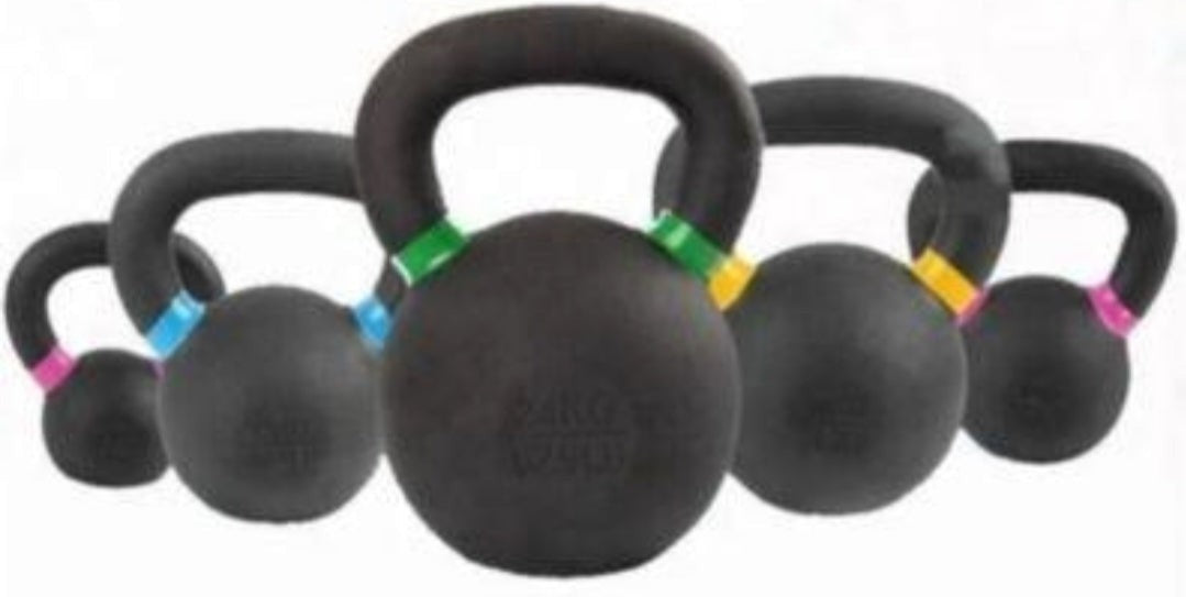 Gymless cast iron kettlebells with black powder coating and colour-coded rings for home or commercial gym training