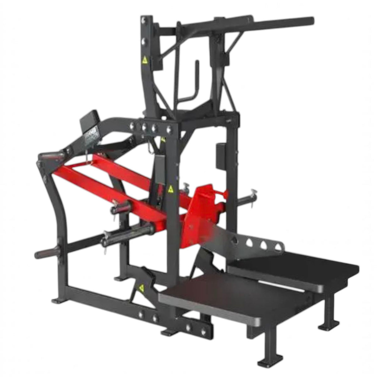 Gymless commercial belt squat machine with black steel frame, red weight rods, and dual foot platforms.