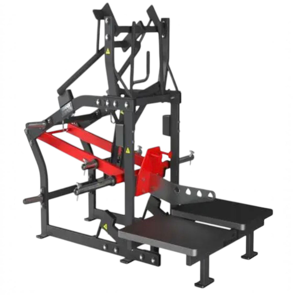 Gymless commercial belt squat machine with black steel frame, red lever arms, and dual foot platforms.