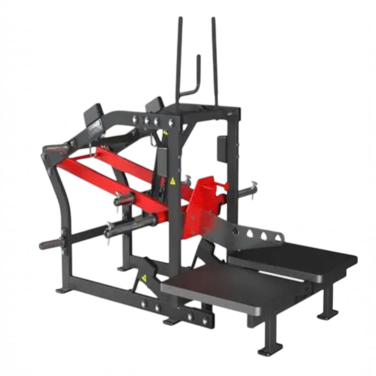 Gymless commercial belt squat machine with black steel frame, red lever arms, and dual wide foot platforms.