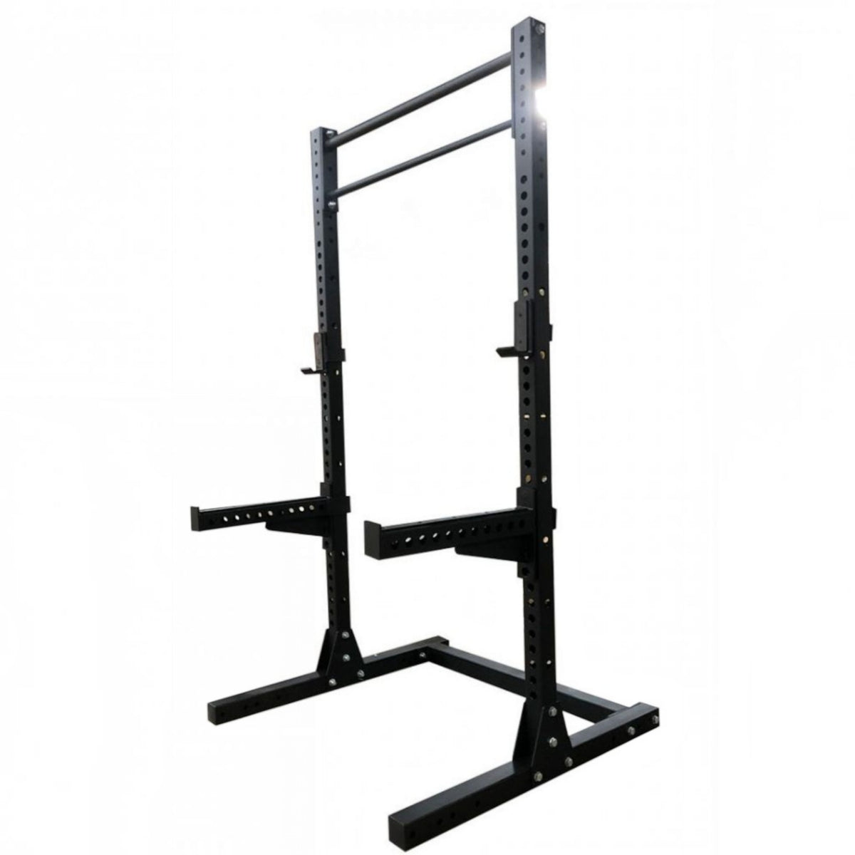 Gymless black commercial half rack with J-hooks and spotter arms for heavy-duty strength training