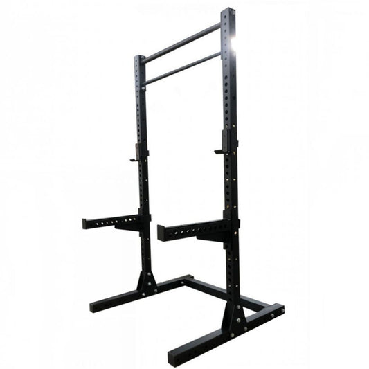 Gymless black commercial half rack with J-hooks and spotter arms for heavy-duty strength training