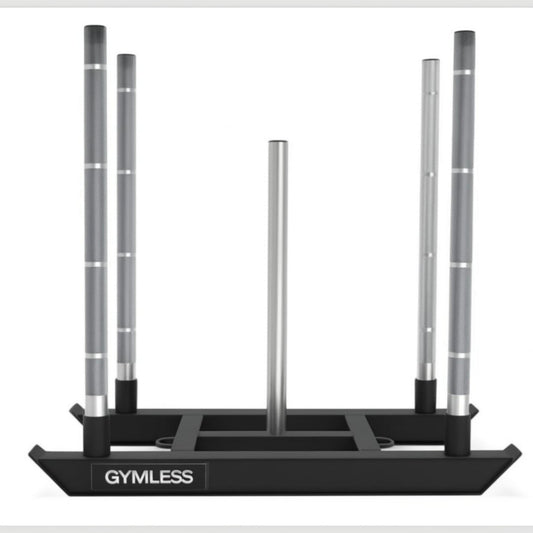 Gymless Competition Sled with four detachable knurled upright posts and a central weight horn for strength training