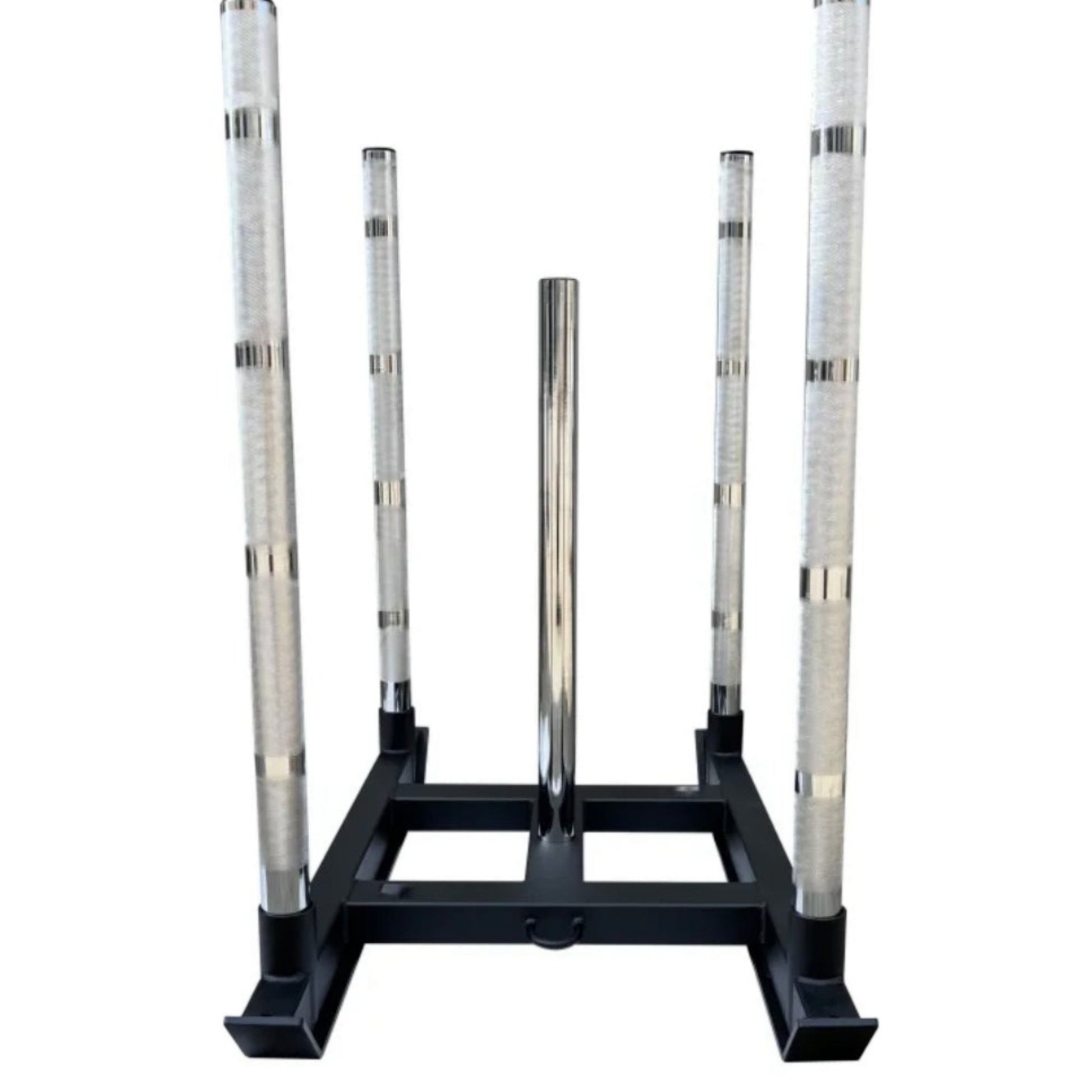 Gymless Competition Sled with heavy-duty black steel frame, four knurled upright posts, and a central weight horn.