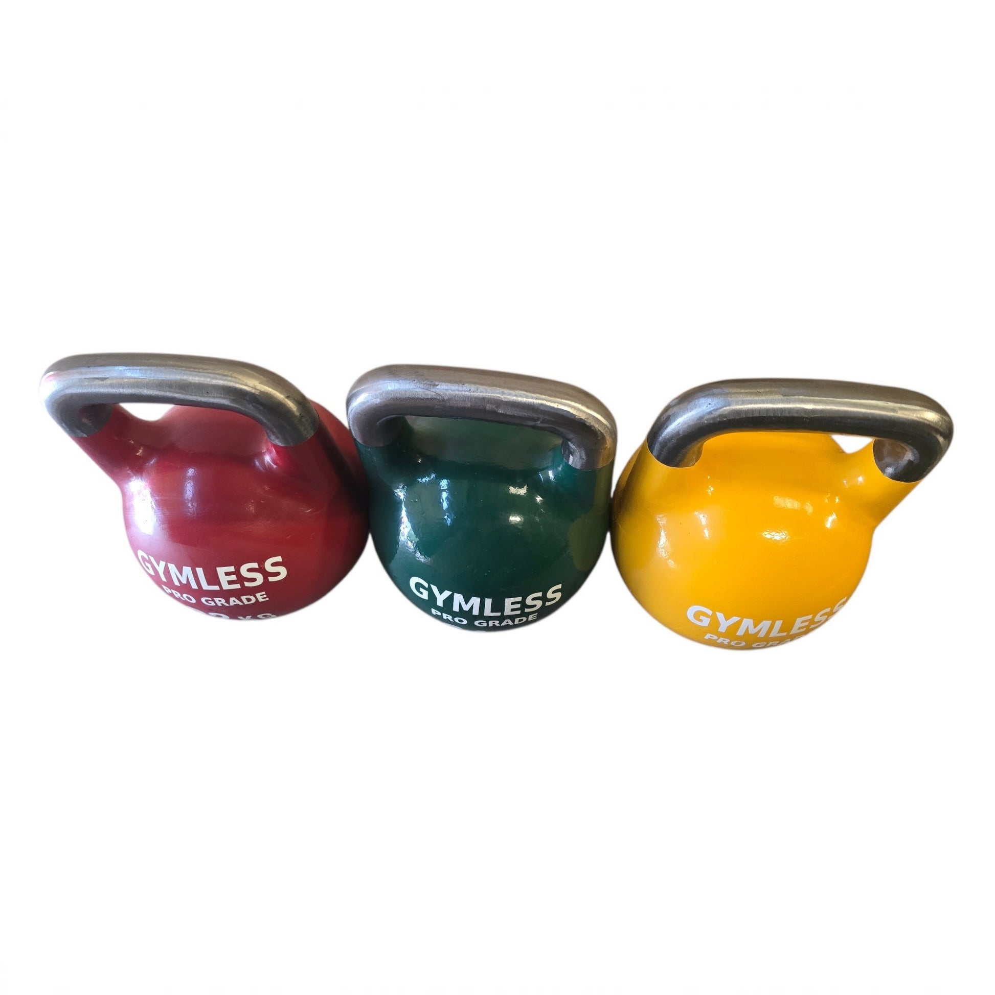Competition style kettlebells in red, green, and yellow for kettlebell strength training.