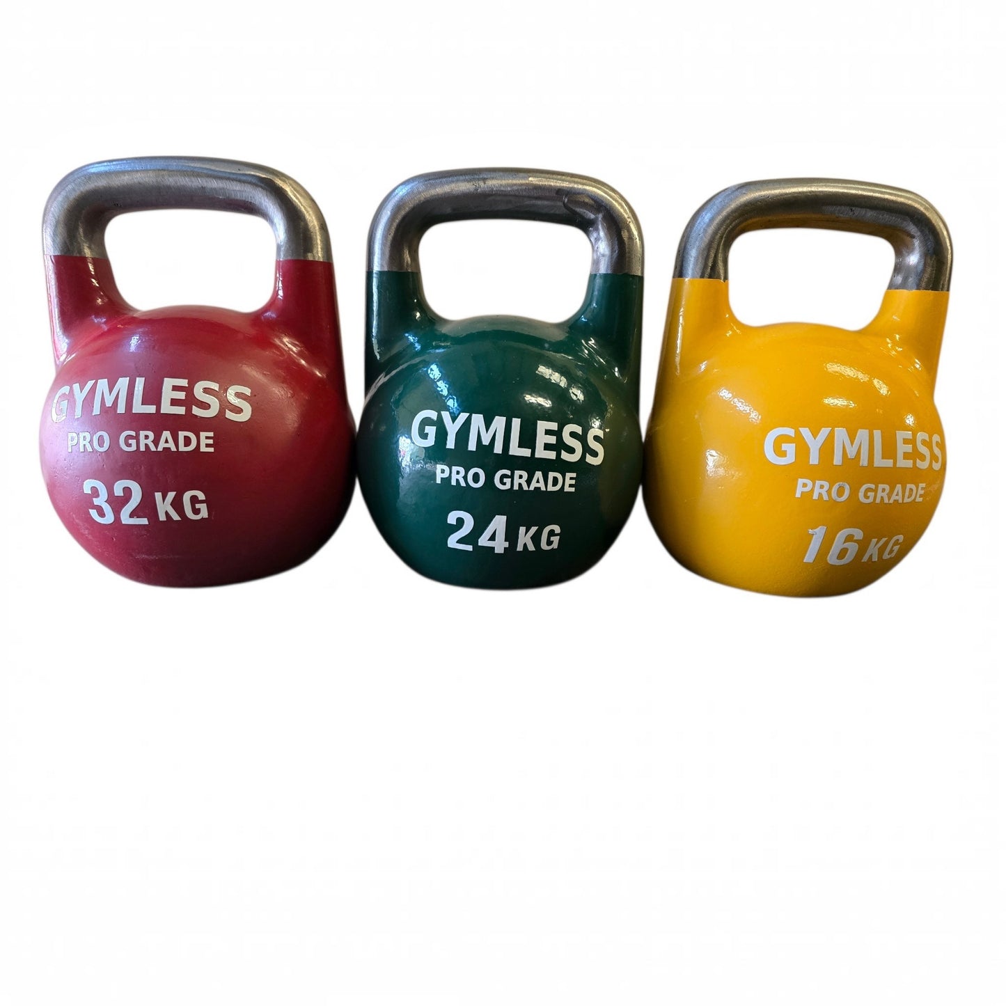 Competition style kettlebells in red, green, and yellow for kettlebell strength training with weights of 32kg, 24kg, and 16kg.