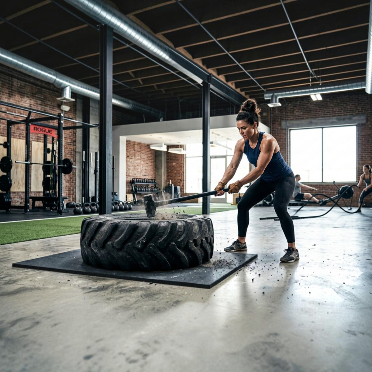 Athlete performing a tyre strike workout with a Gymless steel conditioning hammer in a functional fitness gym
