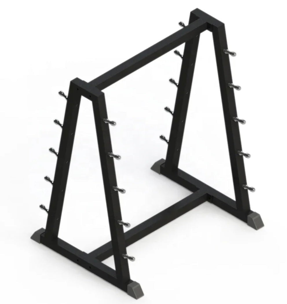 Gymless double-sided black fixed barbell rack with chrome weight pins for 10 bars