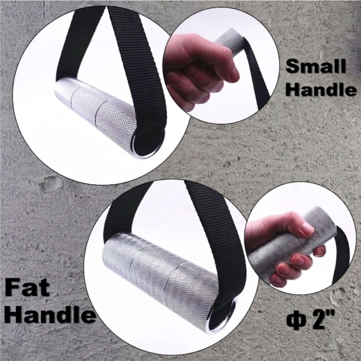 Gymless premium fat grip cable handle with 2-inch diameter, knurled metal surface, and heavy-duty black nylon strap.