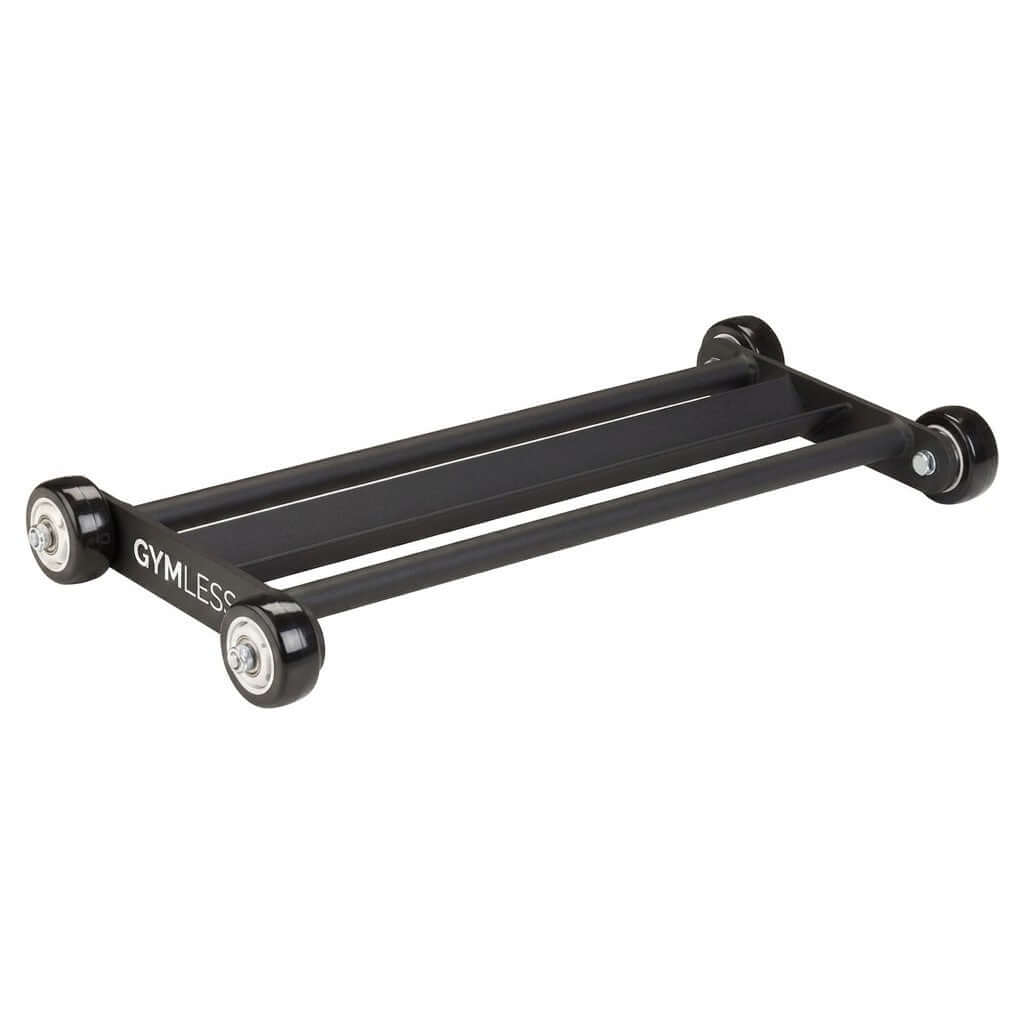 Gymless Glute Ham Roller in black steel with smooth-rolling wheels for hamstring curls and core training exercises.