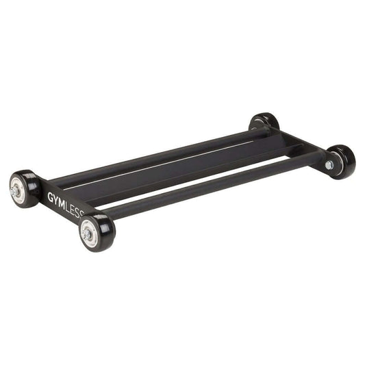 Gymless Glute Ham Roller in black steel with smooth-rolling wheels for hamstring curls and core training exercises.