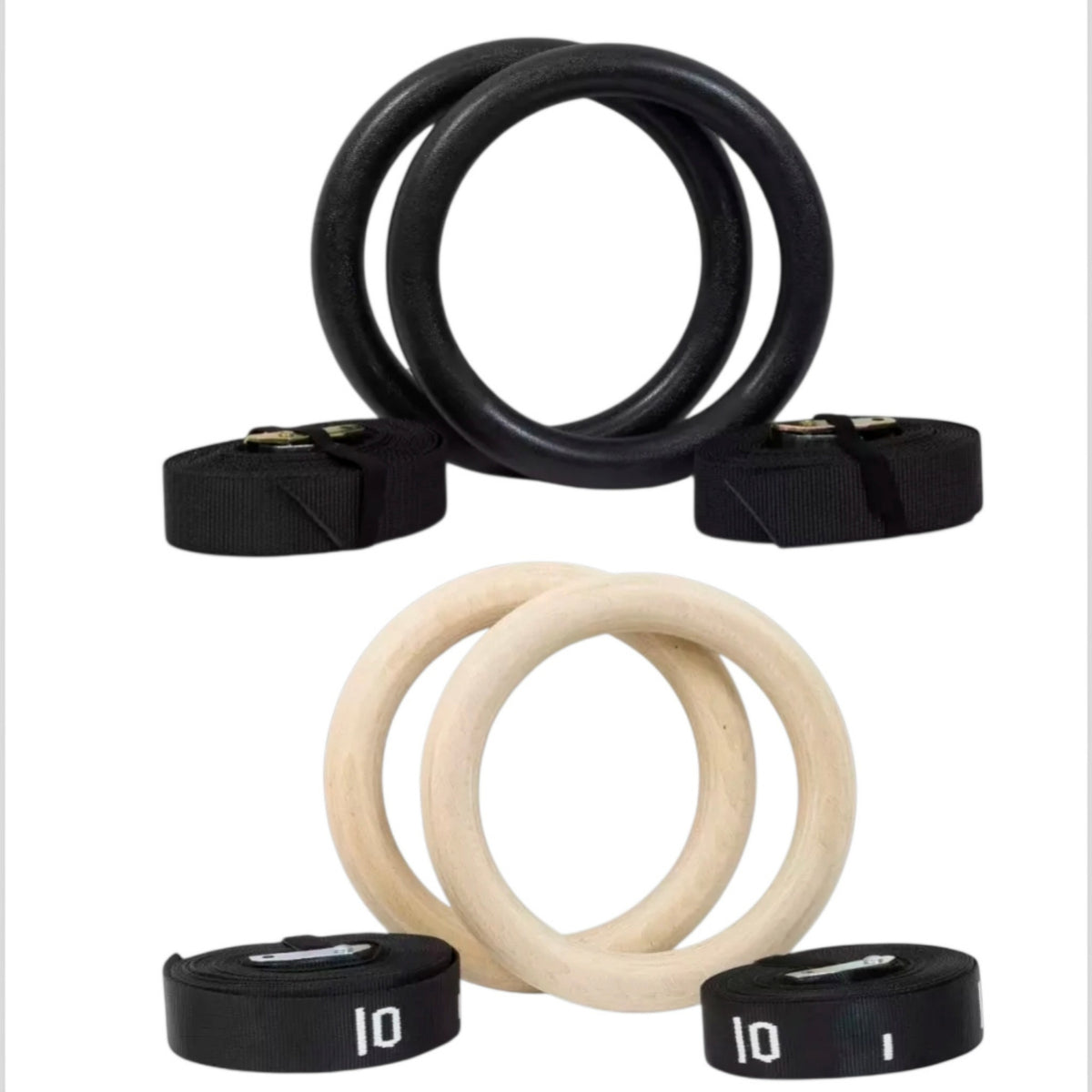 Gymless gym rings set including black ABS and natural wood rings with adjustable 4.5m straps for functional training