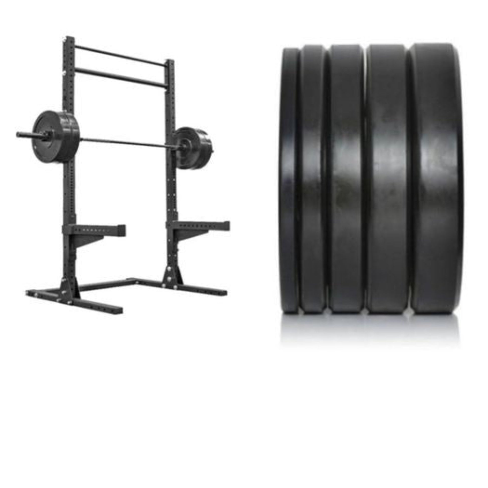 Gymless heavy duty half rack with Olympic bar and a stack of black rubber bumper plates for home gym strength training
