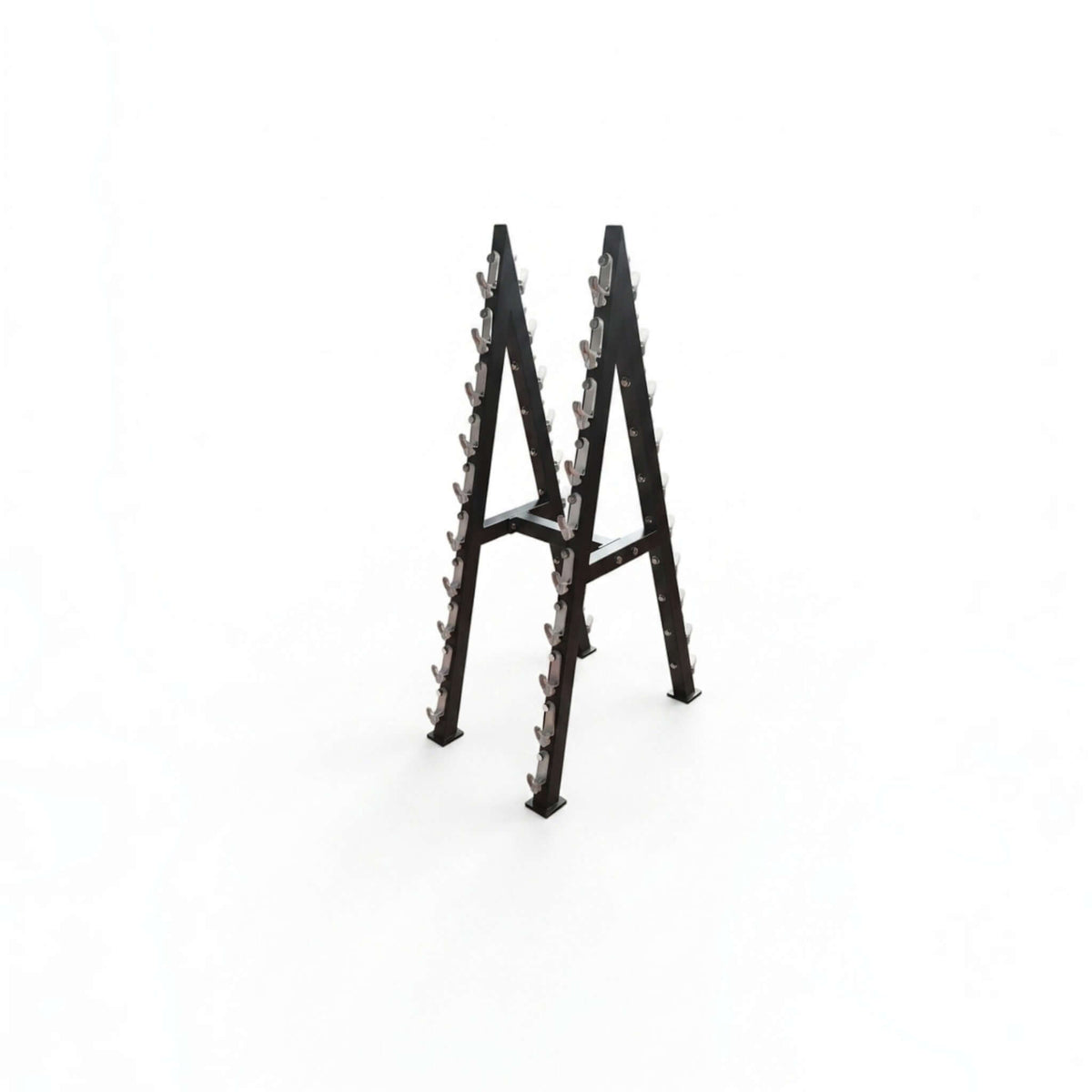 Gymless heavy-duty black steel A-frame storage rack for 20 cable machine attachments in a gym setting