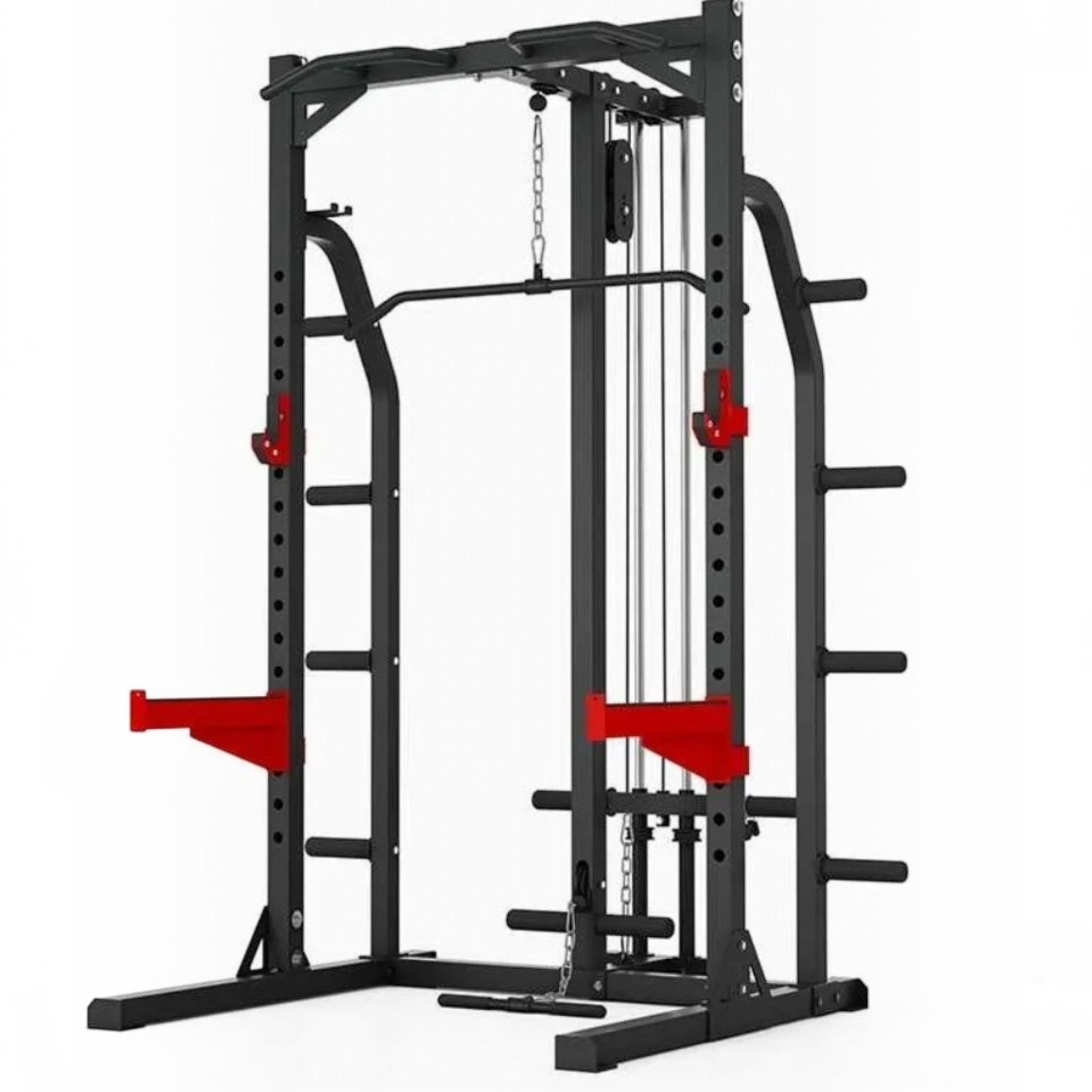 Gymless heavy duty half rack with integrated lat pulldown attachment, featuring red safety spotters and J-hooks.