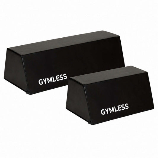 Two black Gymless hip thrust benches in large and compact sizes with non-slip PU leather surfaces for glute training.