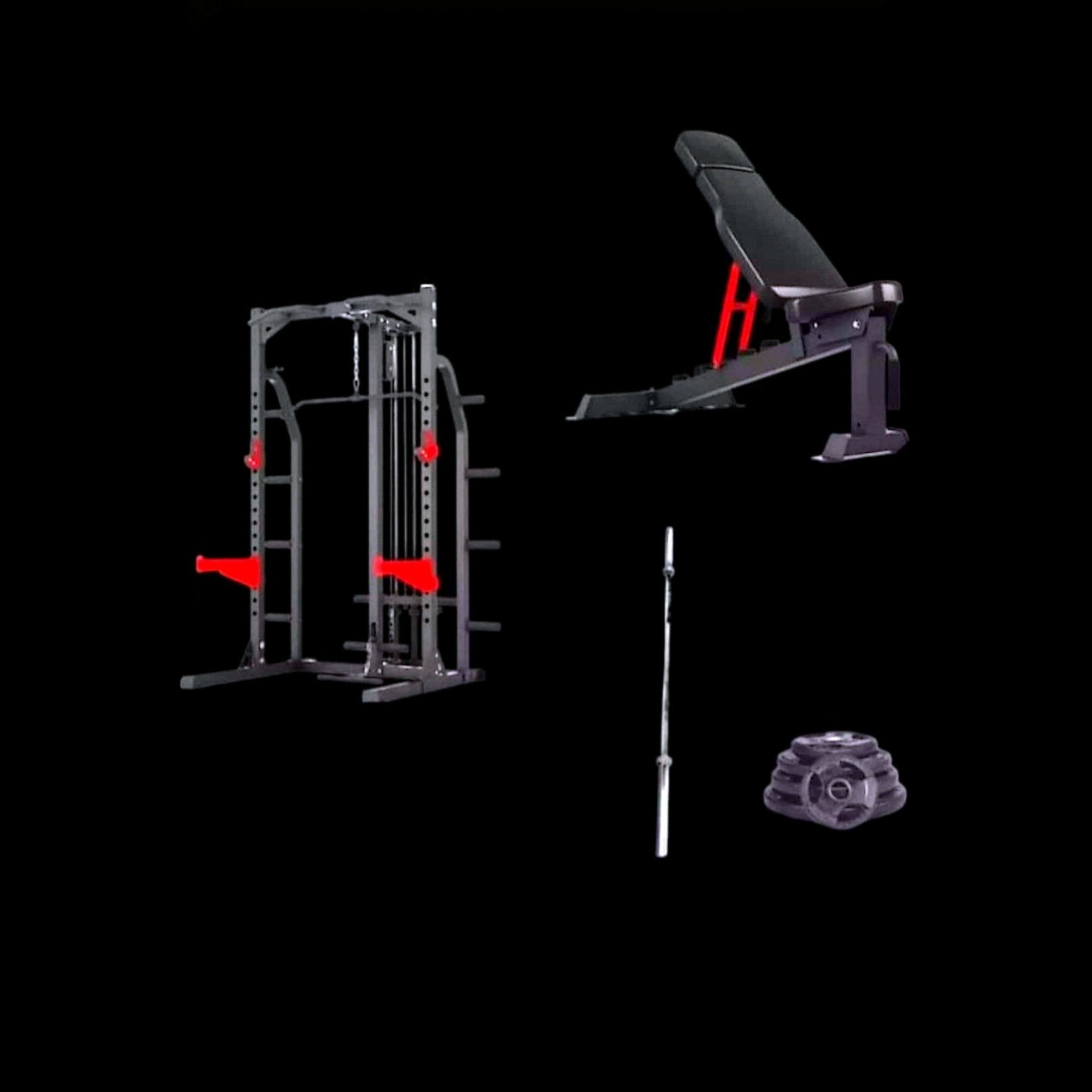Gymless complete home gym package featuring a heavy-duty half rack, lat pulldown, FID bench, and Olympic weight set.