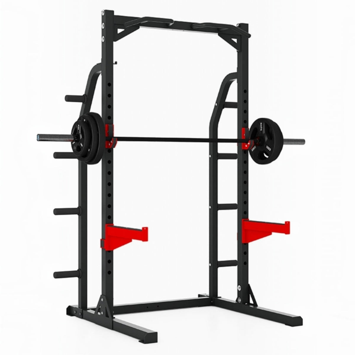 Gymless HR3250 heavy duty half rack with black steel frame, red magnetic J-hooks, spotters, and barbell storage.