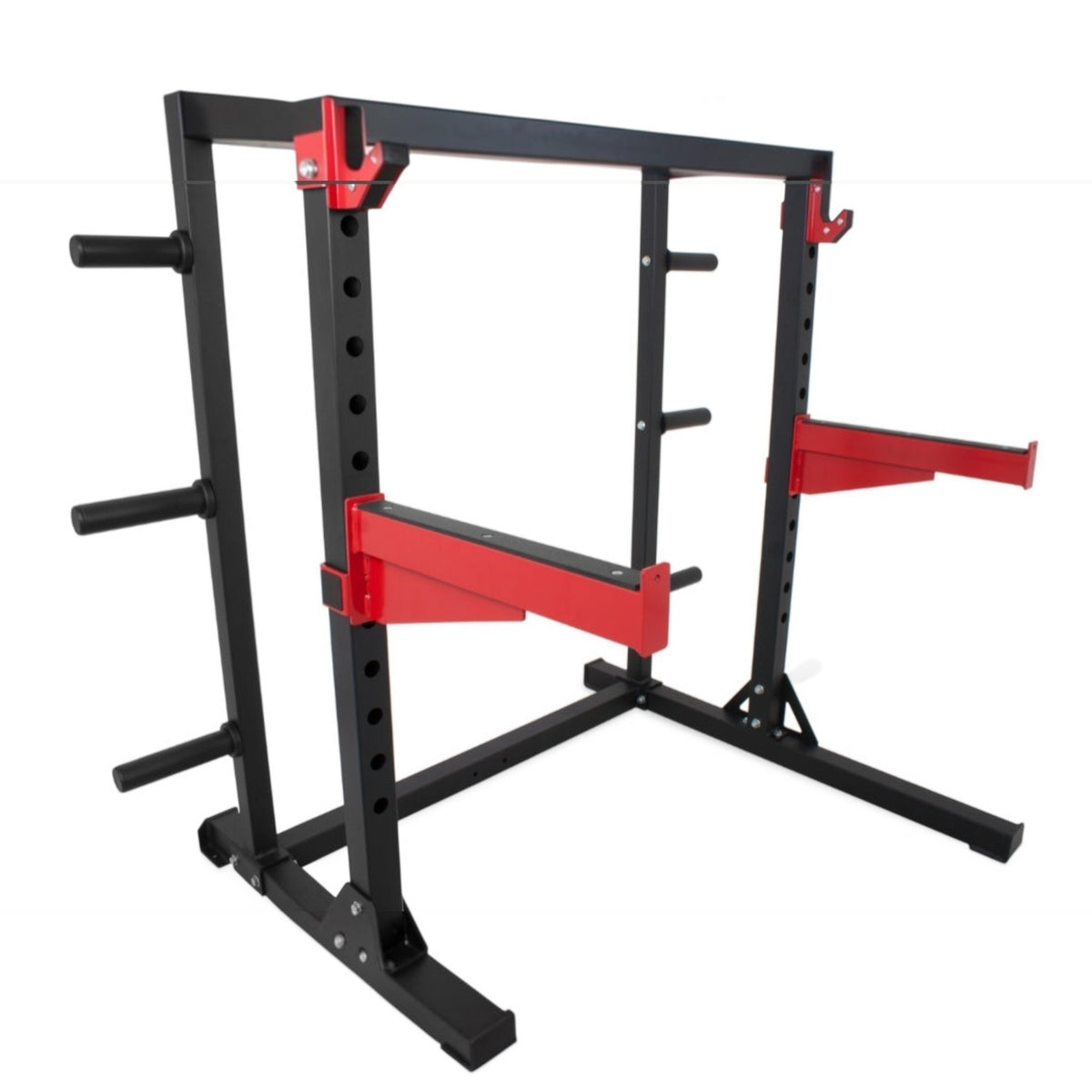 Gymless HR3250 heavy duty half rack with black steel frame, red magnetic J-hooks, and adjustable safety spotters.