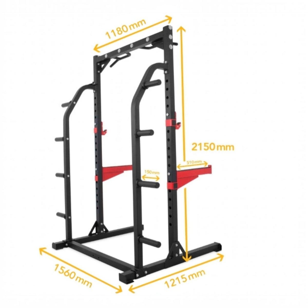 Gymless HR3250 heavy duty half rack with black steel frame, red magnetic spotters, and weight plate storage pins.