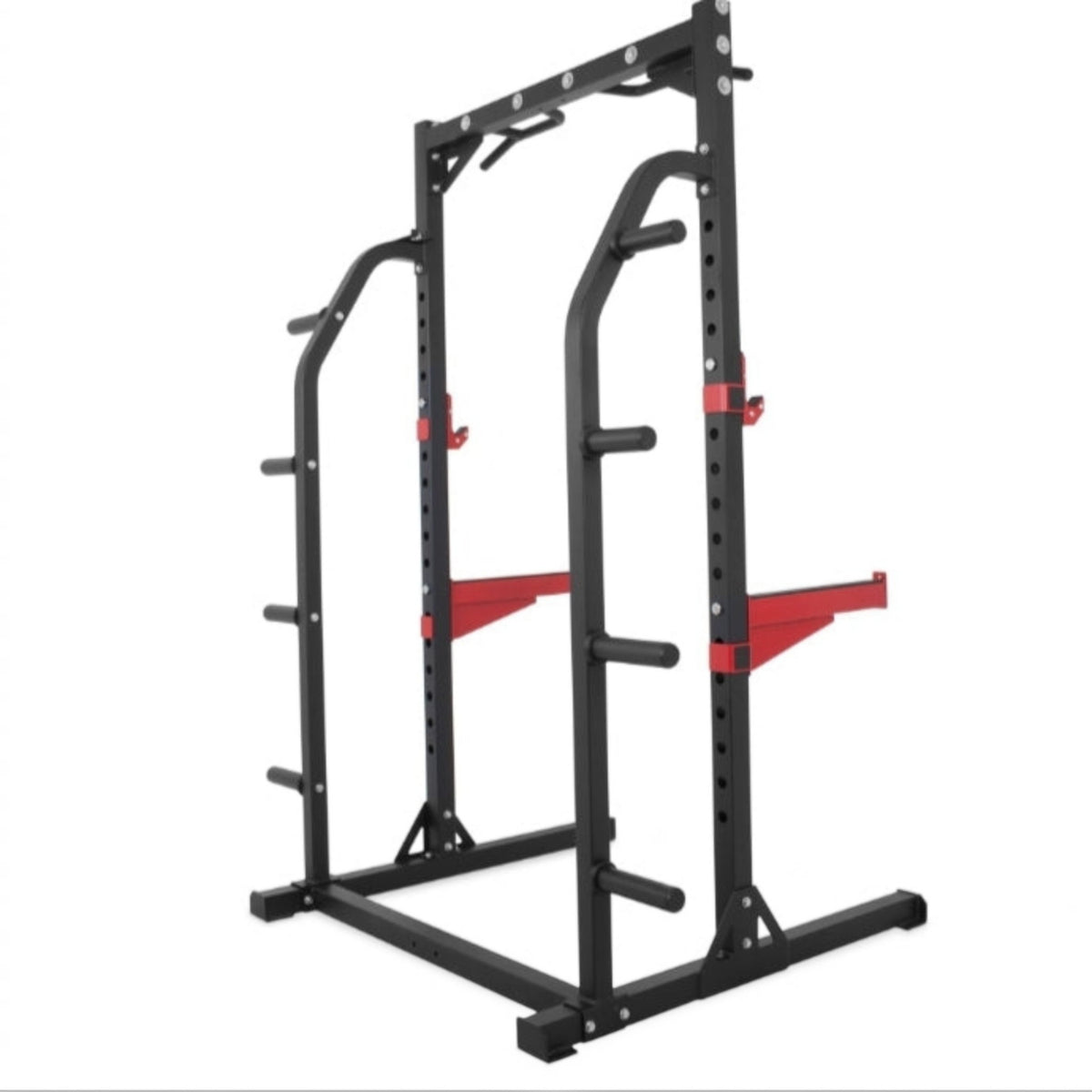 Gymless HR3250 heavy duty half rack with black steel frame, red magnetic J-hooks, spotter bars, and plate storage.