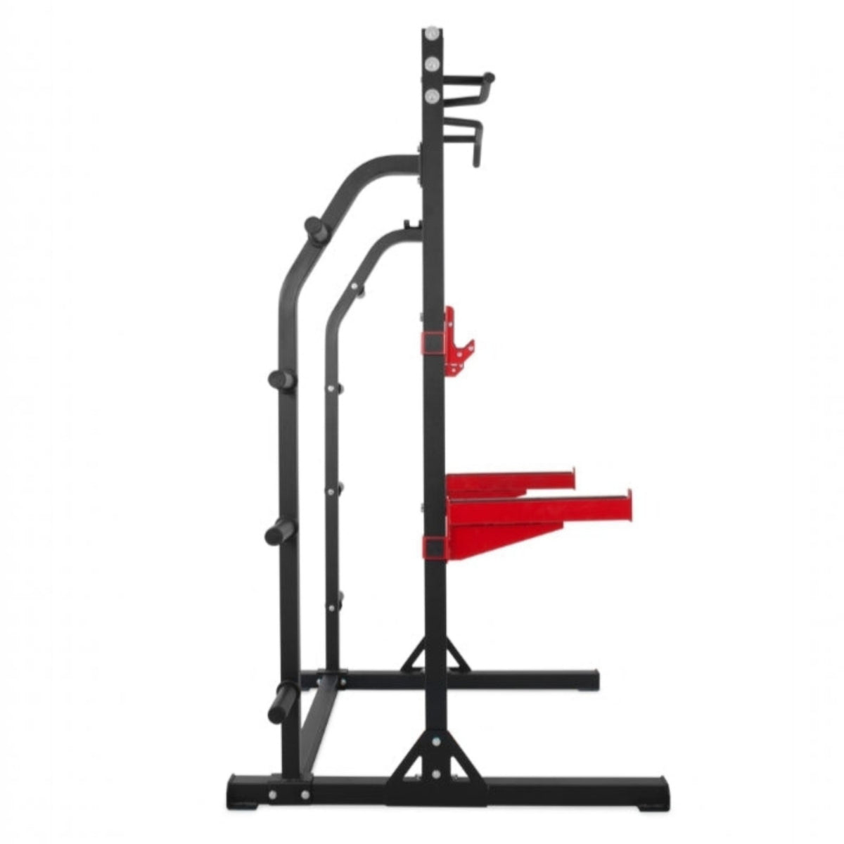 Gymless HR3250 heavy duty half rack with black steel frame and adjustable red magnetic J-hooks and spotter arms.