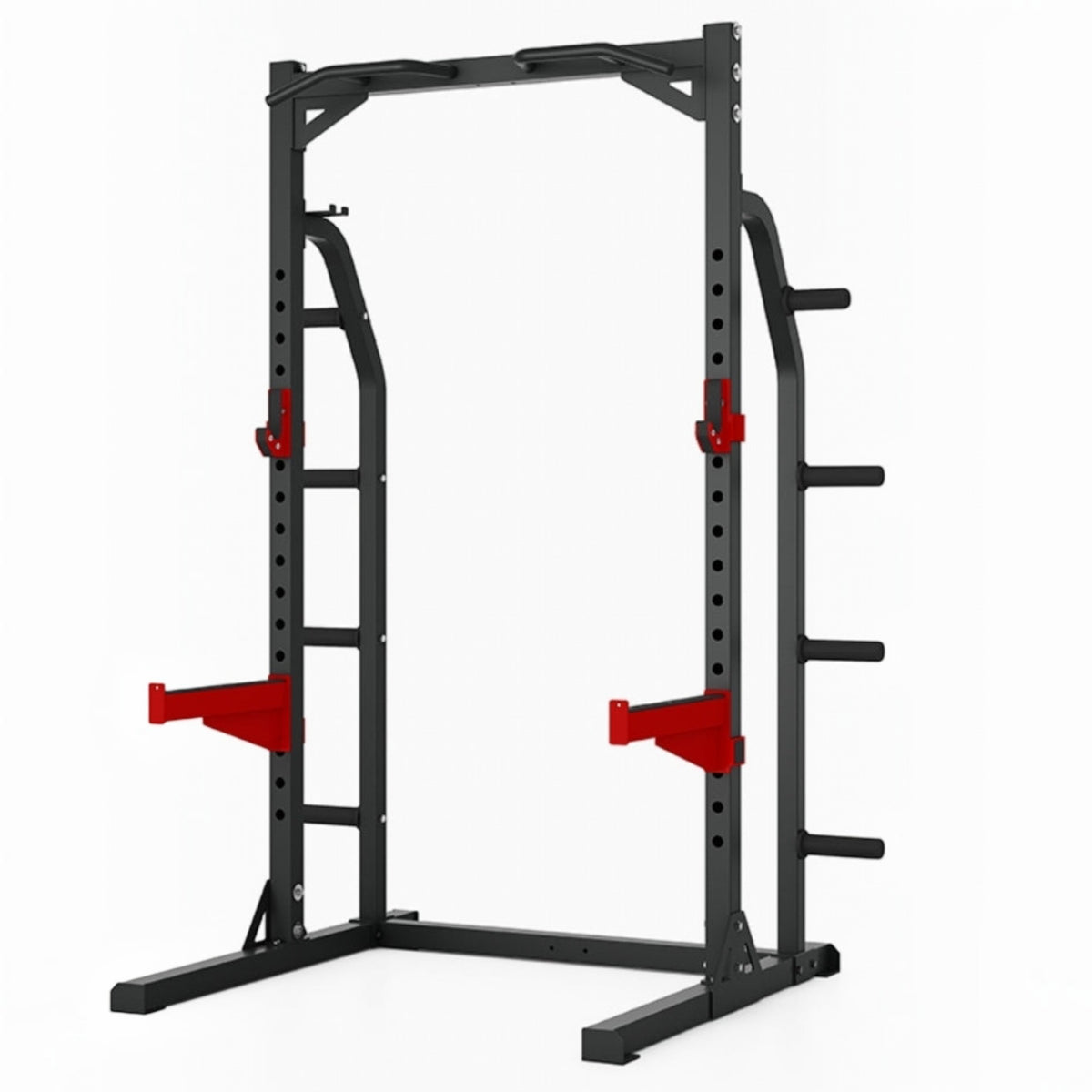 Gymless HR3250 heavy duty half rack with black steel frame, red magnetic J-hooks, spotter bars, and pull-up station.