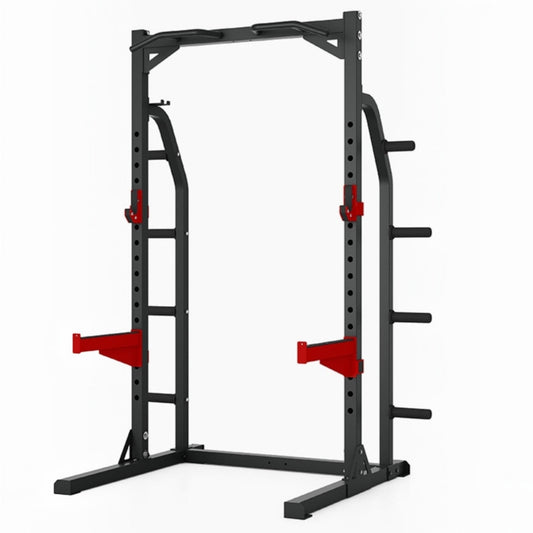 Gymless HR3250 heavy duty half rack with black steel frame, red magnetic J-hooks, spotter bars, and pull-up station.