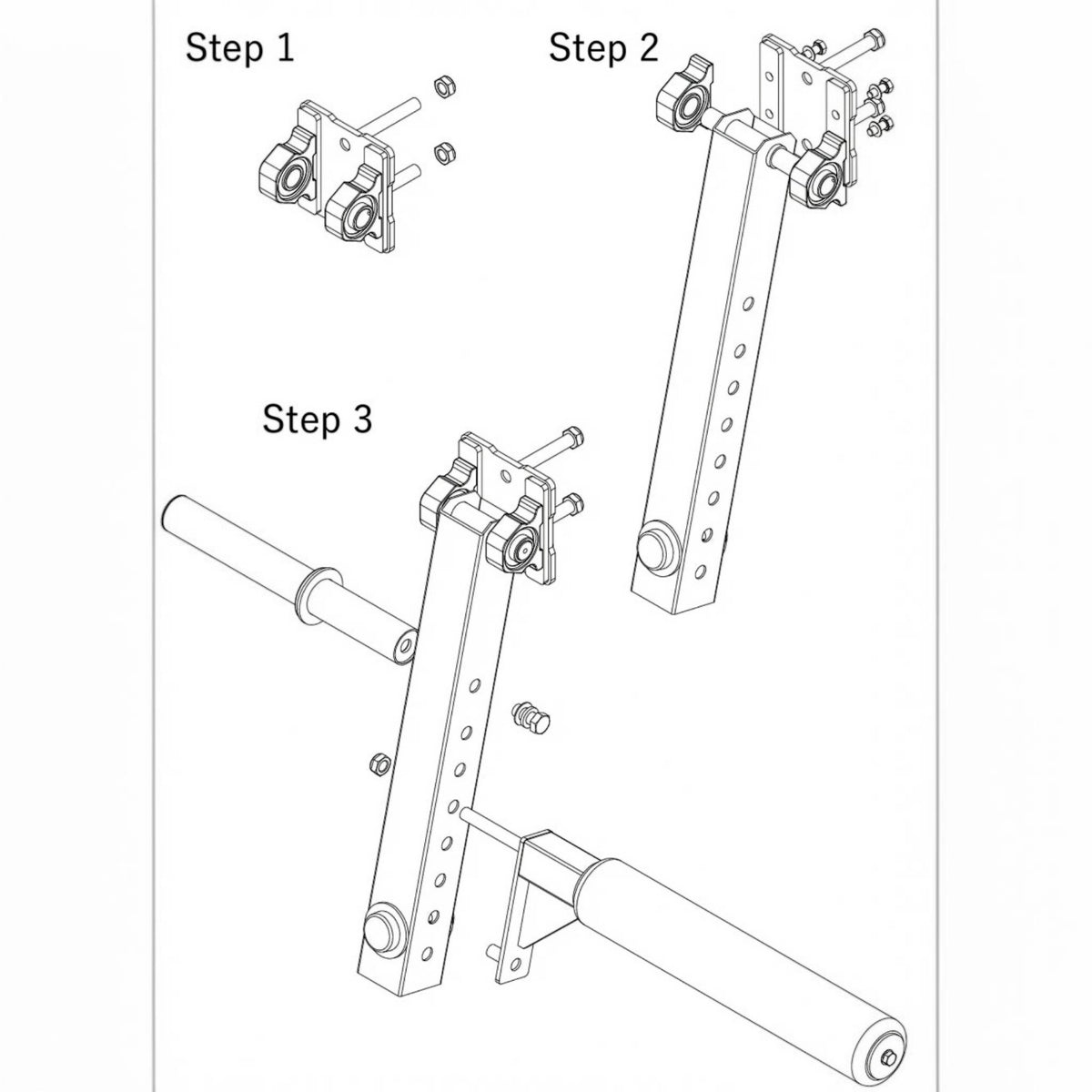 Gymless leg curl and extension attachment assembly diagram showing three installation steps for home gym racks.