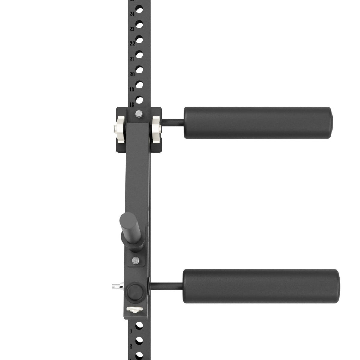 Gymless black steel leg curl and extension attachment mounted on a rack with adjustable padded rollers.