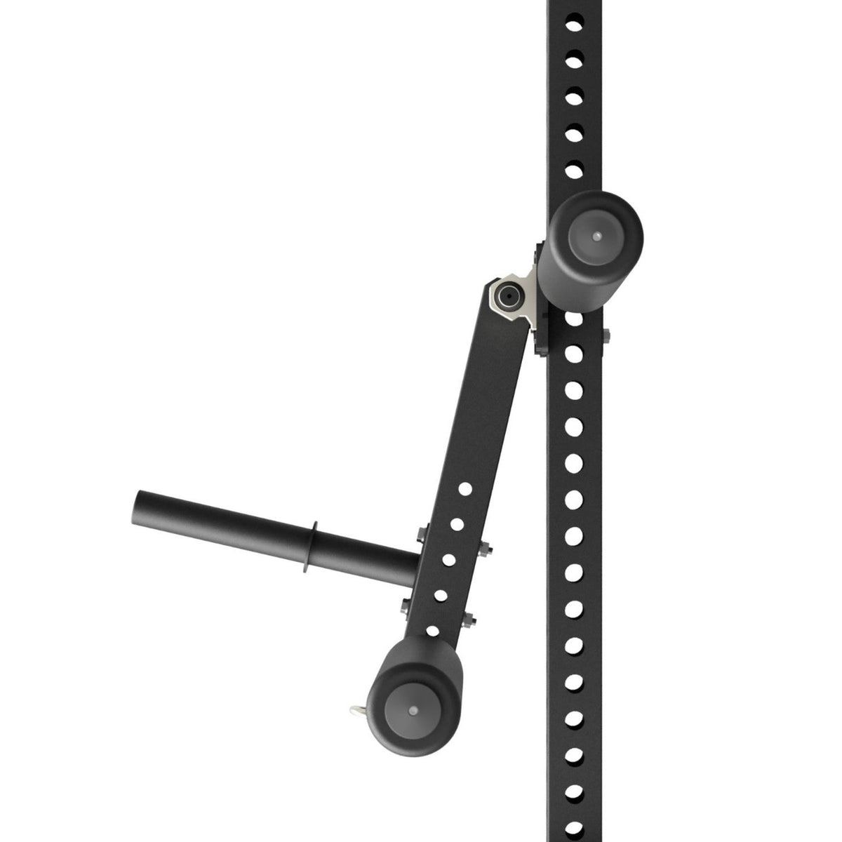 Gymless black steel leg curl and extension attachment mounted on a vertical rack with adjustable foam rollers