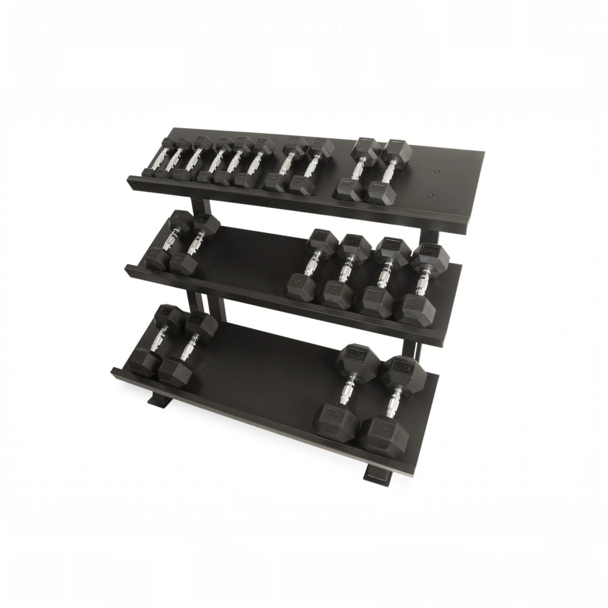 Gymless Newton Fitness DR-20 three-tier black steel rack holding various hex dumbbells on a white background