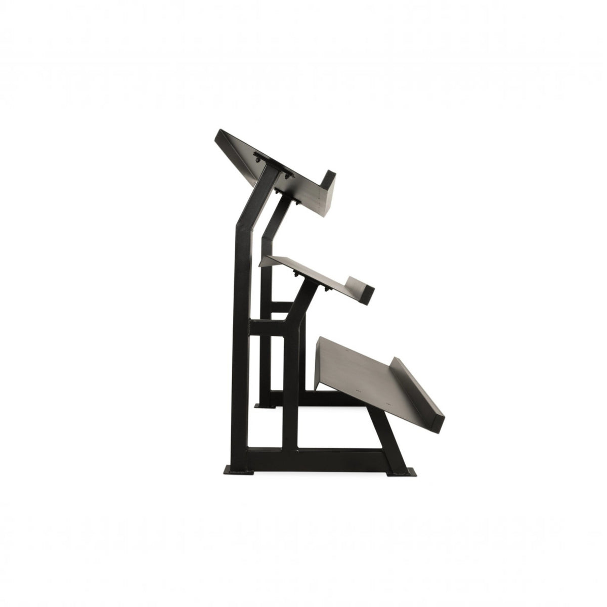 Gymless Newton Fitness DR-20 three-tier black steel hex dumbbell rack, side view showing storage shelves